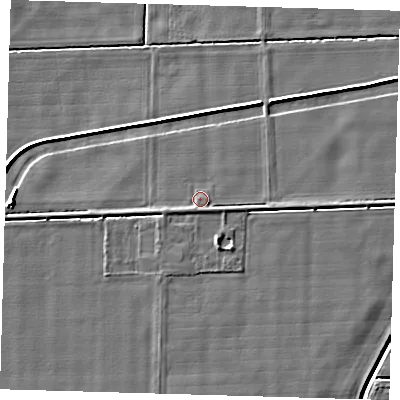 Shaded relief map of the ground around PE220UF, computed from Environment Agency LiDAR. The ground here sits at about 2 m above sea level and falls 5 m across the surrounding 800 m. Surface water reaching this point runs off ground lying to the south-east, 1.2 m higher.