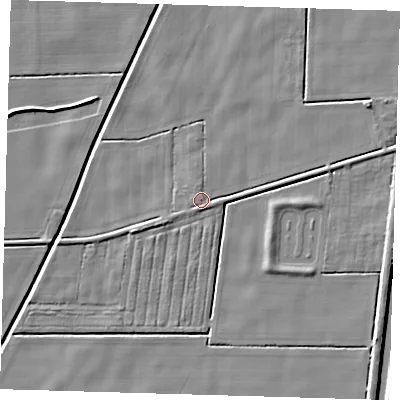 Shaded relief map of the ground around PE220UG, computed from Environment Agency LiDAR. The ground here sits at about 2 m above sea level and falls 5 m across the surrounding 800 m. Surface water reaching this point runs off ground lying to the south, 1.2 m higher.
