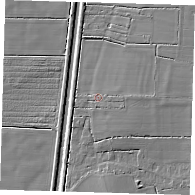 Shaded relief map of the ground around PE220UH, computed from Environment Agency LiDAR. The ground here sits at about 3 m above sea level and falls 5 m across the surrounding 800 m. Surface water reaching this point runs off ground lying to the east, 2.1 m higher.