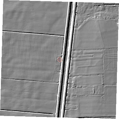 Shaded relief map of the ground around PE220UJ, computed from Environment Agency LiDAR. The ground here sits at about 2 m above sea level and falls 5 m across the surrounding 800 m. Surface water reaching this point runs off ground lying to the east-south-east, 2.8 m higher.