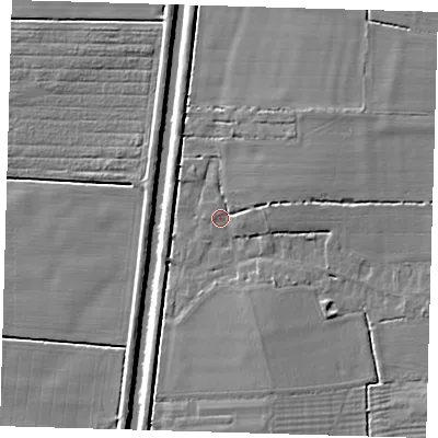 Shaded relief map of the ground around PE220UL, computed from Environment Agency LiDAR. The ground here sits at about 2 m above sea level and falls 5 m across the surrounding 800 m. Surface water reaching this point runs off ground lying to the north-east, 4.3 m higher.