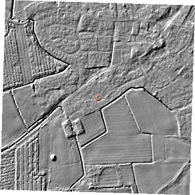 Shaded relief map of the ground around PE220XA, computed from Environment Agency LiDAR. The ground here sits at about 3 m above sea level and falls 5 m across the surrounding 800 m. Surface water reaching this point runs off ground lying to the east-north-east, 0.7 m higher.