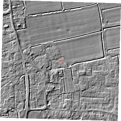 Shaded relief map of the ground around PE220YF, computed from Environment Agency LiDAR. The ground here sits at about 4 m above sea level and falls 6 m across the surrounding 800 m. Surface water reaching this point runs off ground lying to the west, 2.8 m higher.