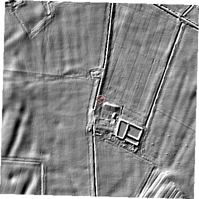 Shaded relief map of the ground around PE227AA, computed from Environment Agency LiDAR. The ground here sits at about 2 m above sea level and falls 4 m across the surrounding 800 m. Surface water reaching this point runs off ground lying to the south-south-west, 1.7 m higher.