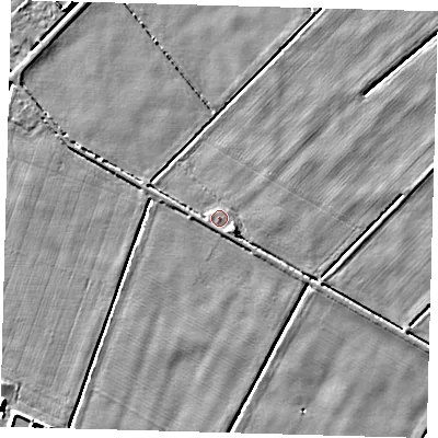 Shaded relief map of the ground around PE227AB, computed from Environment Agency LiDAR. The ground here sits at about 2 m above sea level and falls 5 m across the surrounding 800 m. Surface water reaching this point runs off ground lying to the south-east, 1.7 m higher.