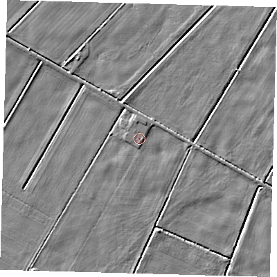 Shaded relief map of the ground around PE227AD, computed from Environment Agency LiDAR. The ground here sits at about 2 m above sea level and falls 4 m across the surrounding 800 m. Surface water reaching this point runs off ground lying to the south, 0.5 m higher.