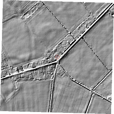 Shaded relief map of the ground around PE227AG, computed from Environment Agency LiDAR. The ground here sits at about 2 m above sea level and falls 4 m across the surrounding 800 m. Surface water reaching this point runs off ground lying to the west-south-west, 2.4 m higher.