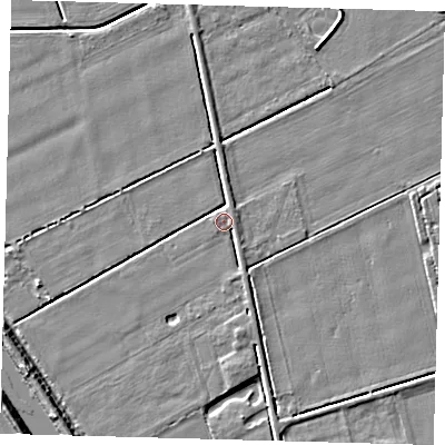 Shaded relief map of the ground around PE227AN, computed from Environment Agency LiDAR. The ground here sits at about 2 m above sea level and falls 5 m across the surrounding 800 m. Surface water reaching this point runs off ground lying to the west-south-west, 2.2 m higher.