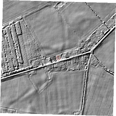 Shaded relief map of the ground around PE227AQ, computed from Environment Agency LiDAR. The ground here sits at about 2 m above sea level and falls 3 m across the surrounding 800 m. Surface water reaching this point runs off ground lying to the east, 2.1 m higher.