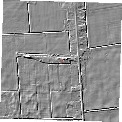 Shaded relief map of the ground around PE227AR, computed from Environment Agency LiDAR. The ground here sits at about 3 m above sea level and falls 5 m across the surrounding 800 m. Surface water reaching this point runs off ground lying to the east-north-east, 3.1 m higher.