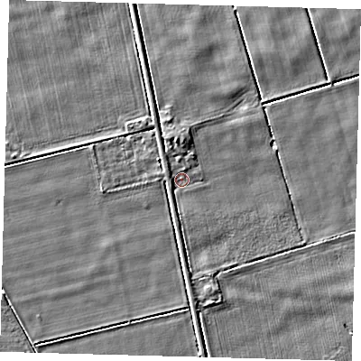 Shaded relief map of the ground around PE227AW, computed from Environment Agency LiDAR. The ground here sits at about 2 m above sea level and falls 3 m across the surrounding 800 m. Surface water reaching this point runs off ground lying to the north, 1.8 m higher.