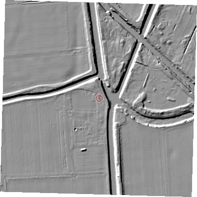 Shaded relief map of the ground around PE227AX, computed from Environment Agency LiDAR. The ground here sits at about 3 m above sea level and falls 7 m across the surrounding 800 m. Surface water reaching this point runs off ground lying to the north, 1.9 m higher.