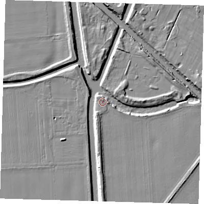 Shaded relief map of the ground around PE227AY, computed from Environment Agency LiDAR. The ground here sits at about 3 m above sea level and falls 7 m across the surrounding 800 m. Surface water reaching this point runs off ground lying to the north, 0.9 m higher.