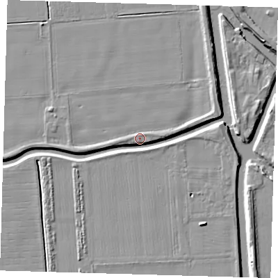 Shaded relief map of the ground around PE227BA, computed from Environment Agency LiDAR. The ground here sits at about 3 m above sea level and falls 7 m across the surrounding 800 m. Surface water reaching this point runs off ground lying to the west-south-west, 4.7 m higher.