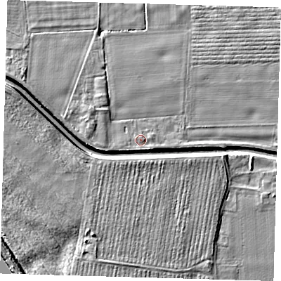 Shaded relief map of the ground around PE227BD, computed from Environment Agency LiDAR. The ground here sits at about 3 m above sea level and falls 7 m across the surrounding 800 m. Surface water reaching this point runs off ground lying to the south-south-west, 1.0 m higher.