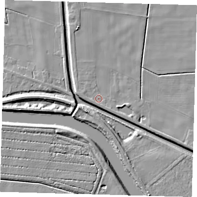 Shaded relief map of the ground around PE227BE, computed from Environment Agency LiDAR. The ground here sits at about 2 m above sea level and falls 7 m across the surrounding 800 m. Surface water reaching this point runs off ground lying to the west, 1.5 m higher.