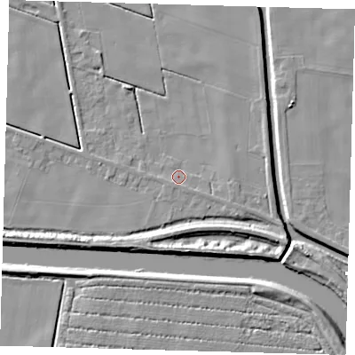 Shaded relief map of the ground around PE227BG, computed from Environment Agency LiDAR. The ground here sits at about 2 m above sea level and falls 7 m across the surrounding 800 m. Surface water reaching this point runs off ground lying to the south-south-east, 1.3 m higher.