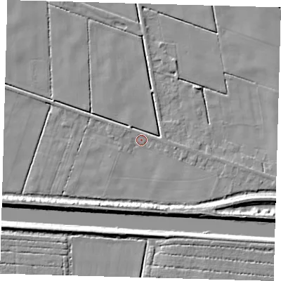 Shaded relief map of the ground around PE227BH, computed from Environment Agency LiDAR. The ground here sits at about 2 m above sea level and falls 6 m across the surrounding 800 m. Surface water reaching this point runs off ground lying to the east-south-east, 1.6 m higher.