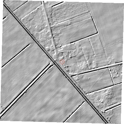 Shaded relief map of the ground around PE227BP, computed from Environment Agency LiDAR. The ground here sits at about 2 m above sea level and falls 5 m across the surrounding 800 m. Surface water reaching this point runs off ground lying to the west-north-west, 0.8 m higher.
