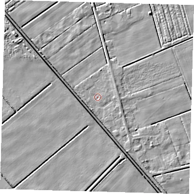 Shaded relief map of the ground around PE227BS, computed from Environment Agency LiDAR. The ground here sits at about 1 m above sea level and falls 6 m across the surrounding 800 m. Surface water reaching this point runs off ground lying to the east, 1.3 m higher.