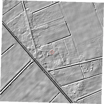 Shaded relief map of the ground around PE227BT, computed from Environment Agency LiDAR. The ground here sits at about 2 m above sea level and falls 4 m across the surrounding 800 m. Surface water reaching this point runs off ground lying to the west, 1.0 m higher.