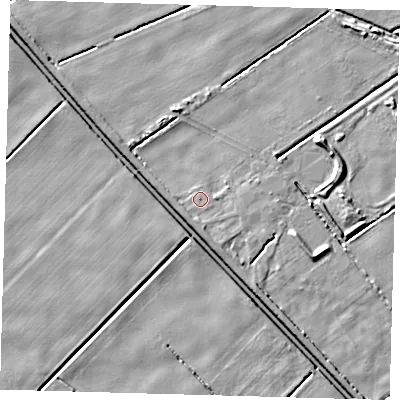 Shaded relief map of the ground around PE227BW, computed from Environment Agency LiDAR. The ground here sits at about 2 m above sea level and falls 7 m across the surrounding 800 m. Surface water reaching this point runs off ground lying to the south-south-east, 1.9 m higher.