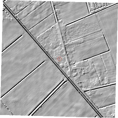 Shaded relief map of the ground around PE227BX, computed from Environment Agency LiDAR. The ground here sits at about 2 m above sea level and falls 4 m across the surrounding 800 m. Surface water reaching this point runs off ground lying to the east-south-east, 1.1 m higher.