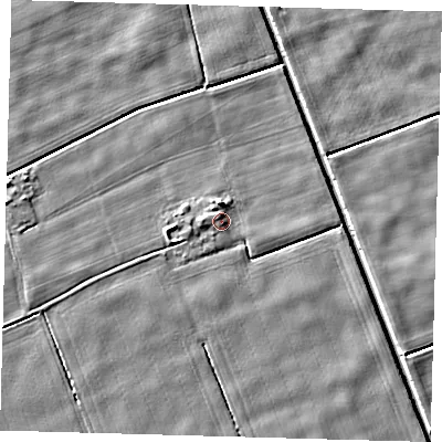 Shaded relief map of the ground around PE227BY, computed from Environment Agency LiDAR. The ground here sits at about 2 m above sea level and falls 5 m across the surrounding 800 m. Surface water reaching this point runs off ground lying to the north, 2.4 m higher.