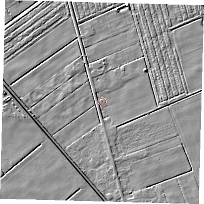 Shaded relief map of the ground around PE227BZ, computed from Environment Agency LiDAR. The ground here sits at about 2 m above sea level and falls 6 m across the surrounding 800 m. Surface water reaching this point runs off ground lying to the south, 1.7 m higher.