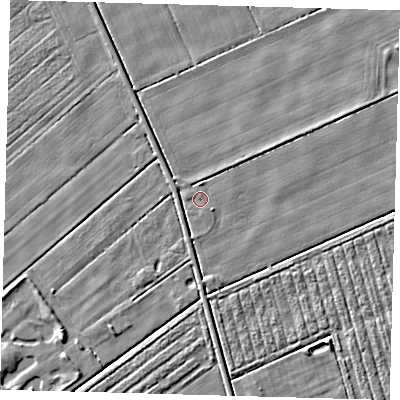 Shaded relief map of the ground around PE227DA, computed from Environment Agency LiDAR. The ground here sits at about 2 m above sea level and falls 4 m across the surrounding 800 m. Surface water reaching this point runs off ground lying to the west-north-west, 2.0 m higher.