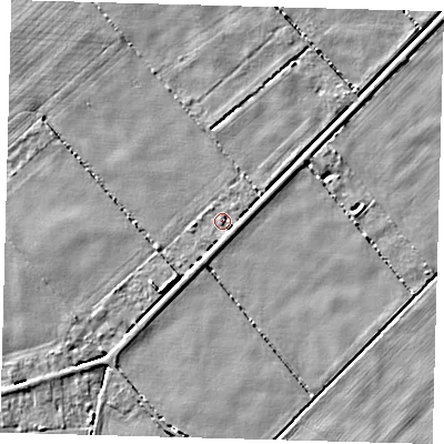 Shaded relief map of the ground around PE227DB, computed from Environment Agency LiDAR. The ground here sits at about 2 m above sea level and falls 4 m across the surrounding 800 m. Surface water reaching this point runs off ground lying to the south-west, 2.9 m higher.