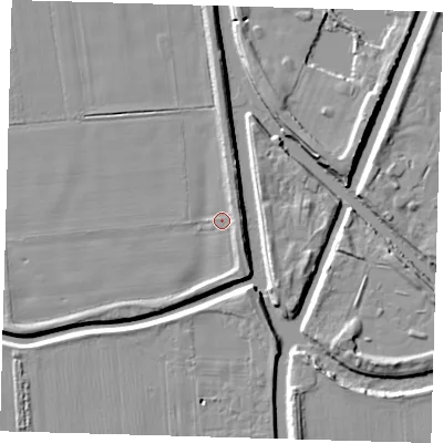 Shaded relief map of the ground around PE227DH, computed from Environment Agency LiDAR. The ground here sits at about 2 m above sea level and falls 6 m across the surrounding 800 m. Surface water reaching this point runs off ground lying to the south-east, 2.7 m higher.