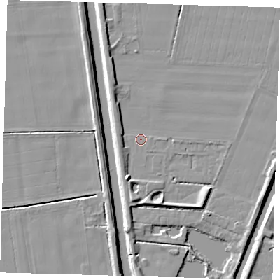 Shaded relief map of the ground around PE227DJ, computed from Environment Agency LiDAR. The ground here sits at about 2 m above sea level and falls 7 m across the surrounding 800 m. Surface water reaching this point runs off ground lying to the east, 0.7 m higher.