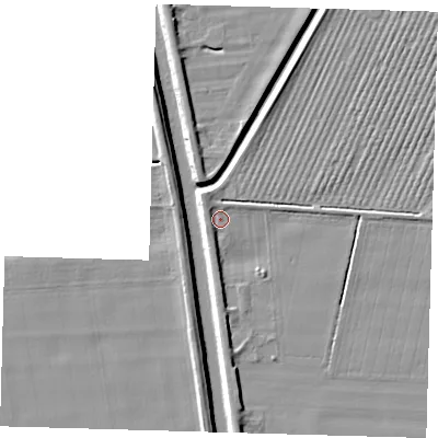 Shaded relief map of the ground around PE227DL, computed from Environment Agency LiDAR. The ground here sits at about 2 m above sea level and falls 6 m across the surrounding 800 m. Surface water reaching this point runs off ground lying to the north-west, 1.8 m higher.