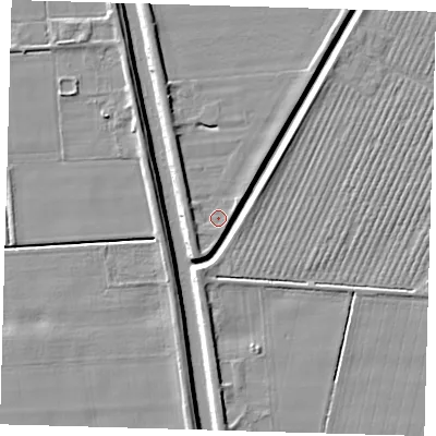 Shaded relief map of the ground around PE227DN, computed from Environment Agency LiDAR. The ground here sits at about 2 m above sea level and falls 6 m across the surrounding 800 m. Surface water reaching this point runs off ground lying to the west-south-west, 2.4 m higher.