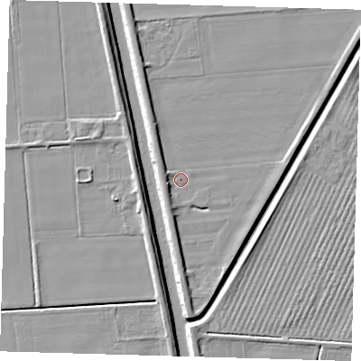 Shaded relief map of the ground around PE227DR, computed from Environment Agency LiDAR. The ground here sits at about 2 m above sea level and falls 6 m across the surrounding 800 m. Surface water reaching this point runs off ground lying to the west-south-west, 2.9 m higher.