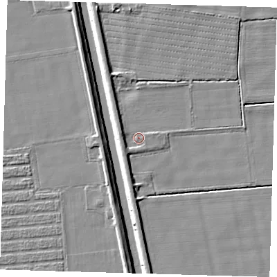 Shaded relief map of the ground around PE227DS, computed from Environment Agency LiDAR. The ground here sits at about 3 m above sea level and falls 6 m across the surrounding 800 m. Surface water reaching this point runs off ground lying to the west-north-west, 2.4 m higher.