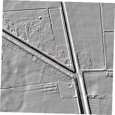 Shaded relief map of the ground around PE227DT, computed from Environment Agency LiDAR. The ground here sits at about 3 m above sea level and falls 5 m across the surrounding 800 m. Surface water reaching this point runs off ground lying to the south-south-east, 1.2 m higher.
