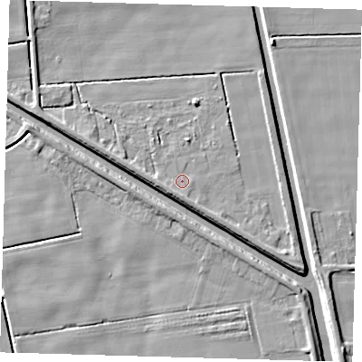 Shaded relief map of the ground around PE227DU, computed from Environment Agency LiDAR. The ground here sits at about 2 m above sea level and falls 6 m across the surrounding 800 m. Surface water reaching this point runs off ground lying to the south-west, 1.7 m higher.