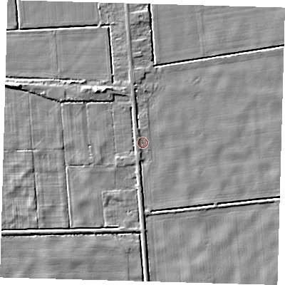 Shaded relief map of the ground around PE227DX, computed from Environment Agency LiDAR. The ground here sits at about 2 m above sea level and falls 5 m across the surrounding 800 m. Surface water reaching this point runs off ground lying to the north-north-west, 1.0 m higher.
