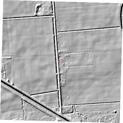 Shaded relief map of the ground around PE227DY, computed from Environment Agency LiDAR. The ground here sits at about 2 m above sea level and falls 5 m across the surrounding 800 m. Surface water reaching this point runs off ground lying to the south, 1.5 m higher.