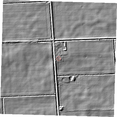 Shaded relief map of the ground around PE227EA, computed from Environment Agency LiDAR. The ground here sits at about 2 m above sea level and falls 5 m across the surrounding 800 m. Surface water reaching this point runs off ground lying to the west, 0.8 m higher.