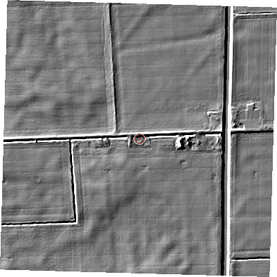 Shaded relief map of the ground around PE227EB, computed from Environment Agency LiDAR. The ground here sits at about 2 m above sea level and falls 6 m across the surrounding 800 m. Surface water reaching this point runs off ground lying to the north-north-east, 0.9 m higher.