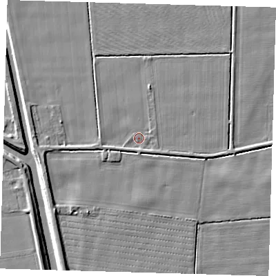 Shaded relief map of the ground around PE227EE, computed from Environment Agency LiDAR. The ground here sits at about 2 m above sea level and falls 5 m across the surrounding 800 m. Surface water reaching this point runs off ground lying to the west-south-west, 1.2 m higher.
