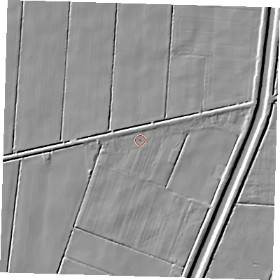 Shaded relief map of the ground around PE227EG, computed from Environment Agency LiDAR. The ground here sits at about 2 m above sea level and falls 4 m across the surrounding 800 m. Surface water reaching this point runs off ground lying to the west, 1.1 m higher.