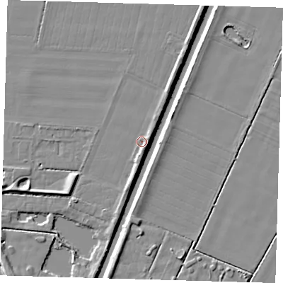 Shaded relief map of the ground around PE227EH, computed from Environment Agency LiDAR. The ground here sits at about 2 m above sea level and falls 5 m across the surrounding 800 m. Surface water reaching this point runs off ground lying to the south, 2.1 m higher.