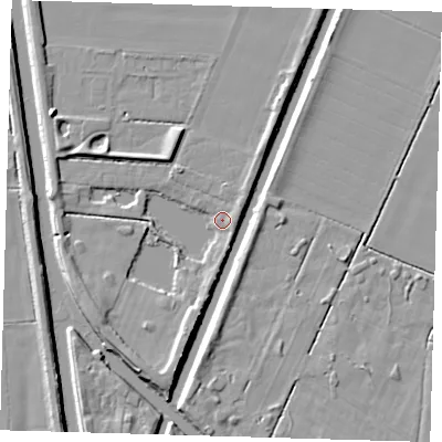 Shaded relief map of the ground around PE227EJ, computed from Environment Agency LiDAR. The ground here sits at about 1 m above sea level and falls 7 m across the surrounding 800 m. Surface water reaching this point runs off ground lying to the south-south-west, 4.7 m higher.