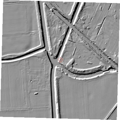Shaded relief map of the ground around PE227EN, computed from Environment Agency LiDAR. The ground here sits at about 3 m above sea level and falls 7 m across the surrounding 800 m. Surface water reaching this point runs off ground lying to the north-north-west, 4.2 m higher.