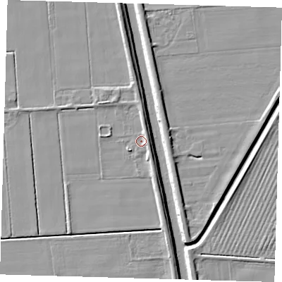 Shaded relief map of the ground around PE227EP, computed from Environment Agency LiDAR. The ground here sits at about 2 m above sea level and falls 6 m across the surrounding 800 m. Surface water reaching this point runs off ground lying to the east, 2.5 m higher.