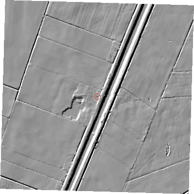 Shaded relief map of the ground around PE227EQ, computed from Environment Agency LiDAR. The ground here sits at about 2 m above sea level and falls 5 m across the surrounding 800 m. Surface water reaching this point runs off ground lying to the south-south-east, 1.2 m higher.